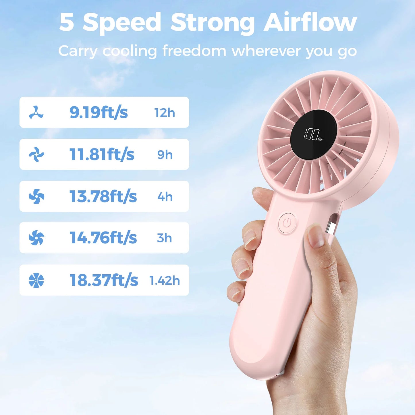 Handheld Fan with Built-In Battery | USB Rechargeable Fan for Travel and Outdoor Sports