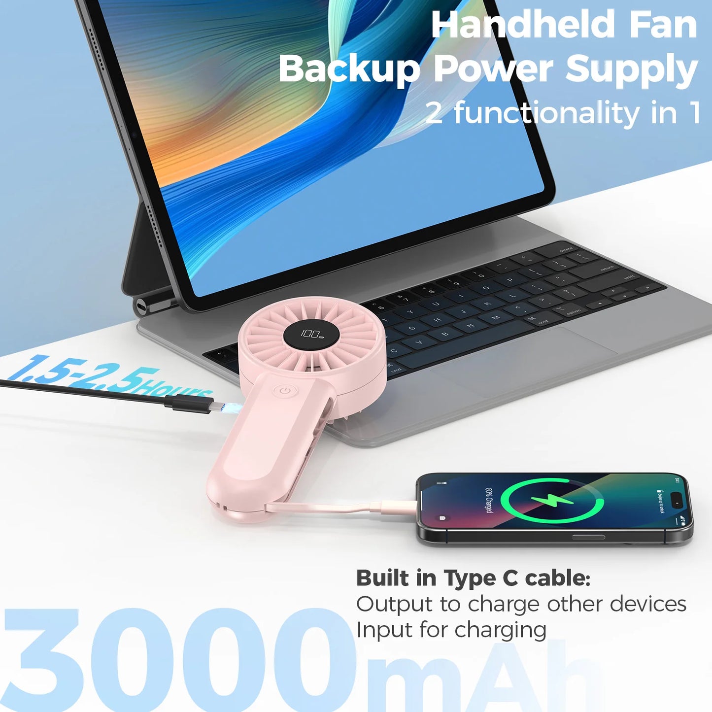 Handheld Fan with Built-In Battery | USB Rechargeable Fan for Travel and Outdoor Sports